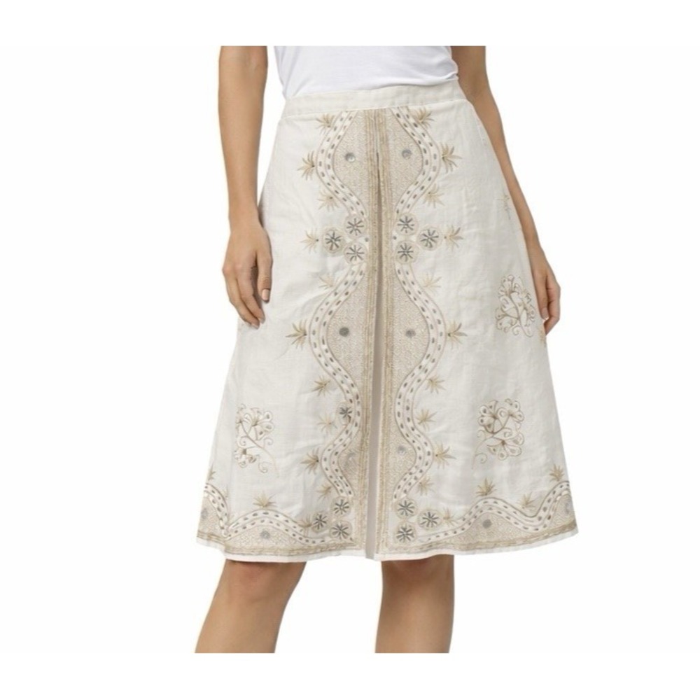 ANNE CARSON Ivory Linen Skirt sz 14 Embroidered Beaded Boho Festival Cottagecore
